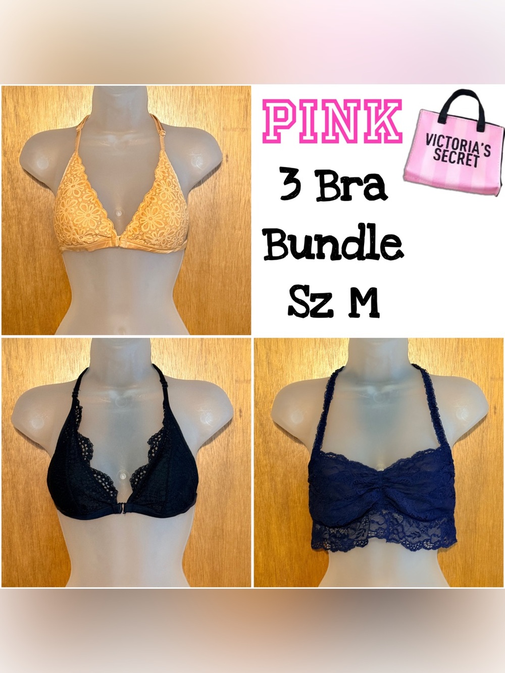 PINK Victoria's Secret Lace Bra 3-Piece Bundle sz M